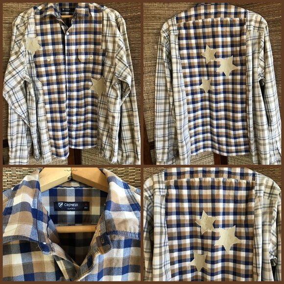 Upcycled Patchwork Plaid Shirt, Size M-L: Boho Mixed Print Top, Star Appliqué - Picture 11 of 11